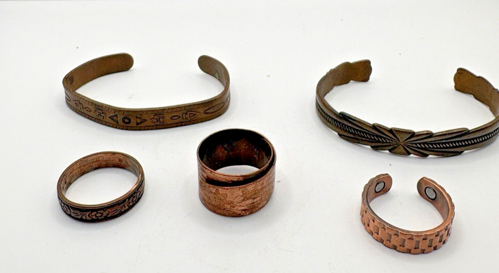 2 Vintage Copper Bracelets Cuffs 3 Rings Lot Signed Adjustable Arthritis Stamped